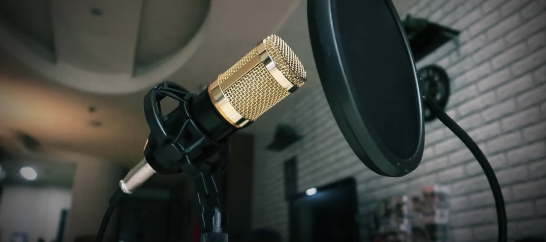 Close-up of gold and black condenser microphones