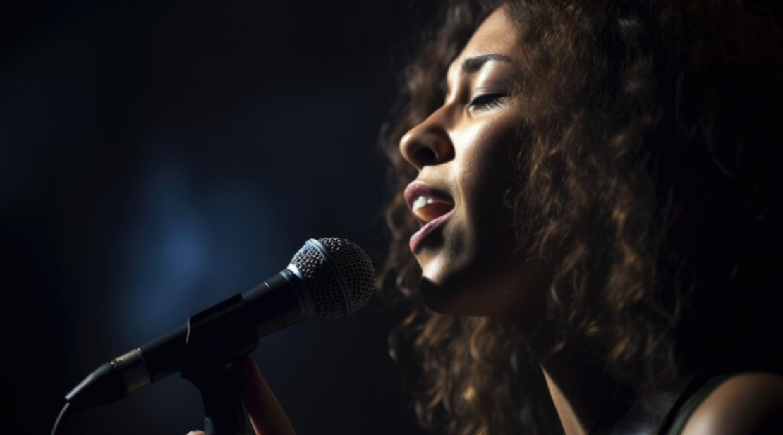 woman singing to the microphone in a dark room