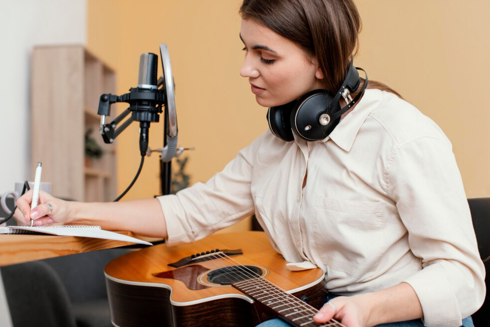 woman in headphones writing song while playing acoustic guitar