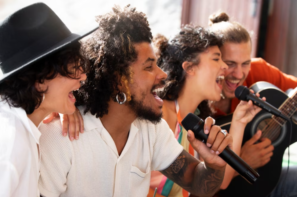 four people singing, two of them holds microphones